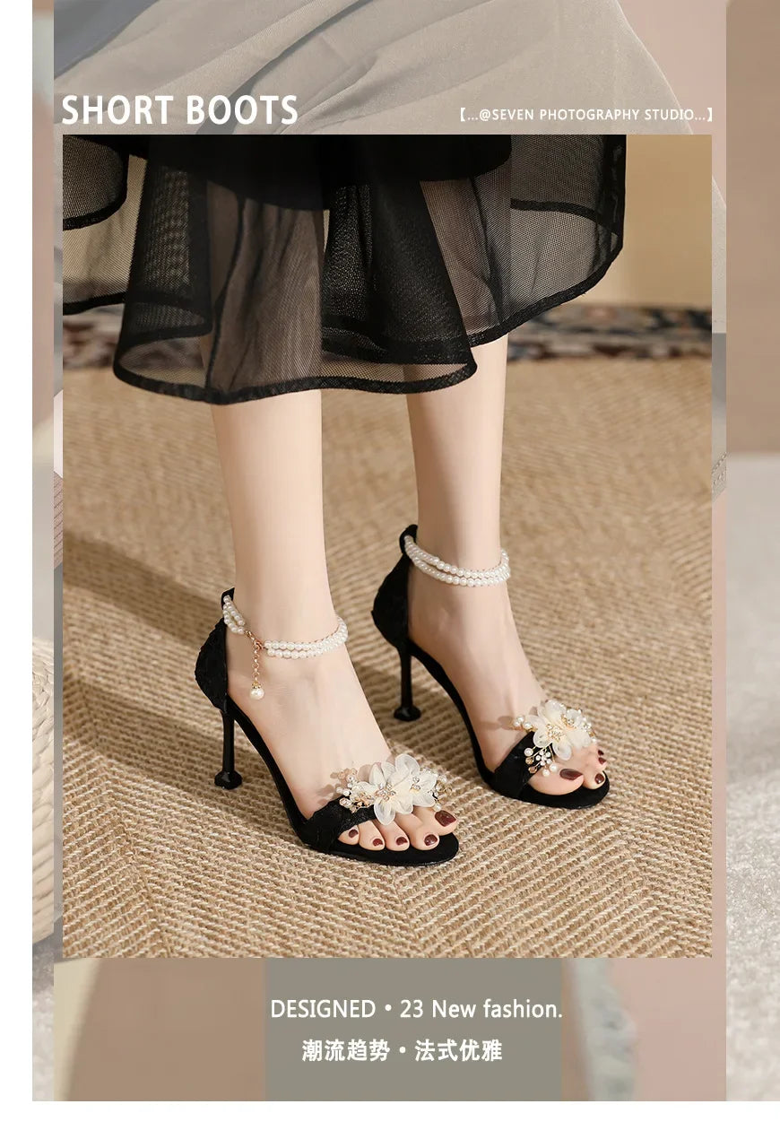 Small Size 31 32 33-43 Women Peep Toe Sandals Wedding Heels Wide Fat Feet Shoes for Women Pearl Flower Bridal Shoes Zaptos Mujer