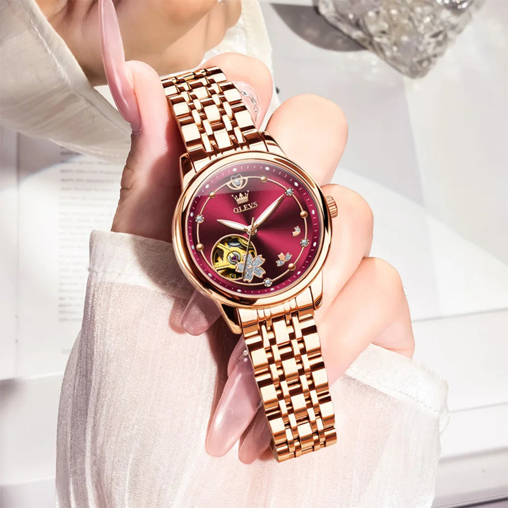 OLEVS Original Rhinestone Flower Design Watch Women's Luxury Rose Gold Watch Wine Red Automatic Mechanical Watch Birthday Gift