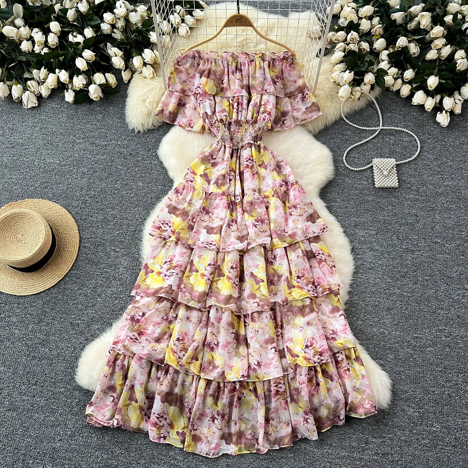 French Vintage Off Shoulder Short Sleeve Ruffle Tiered Long Dresses Chic Casual Beach Vacation Women Summer Chiffon Clothing