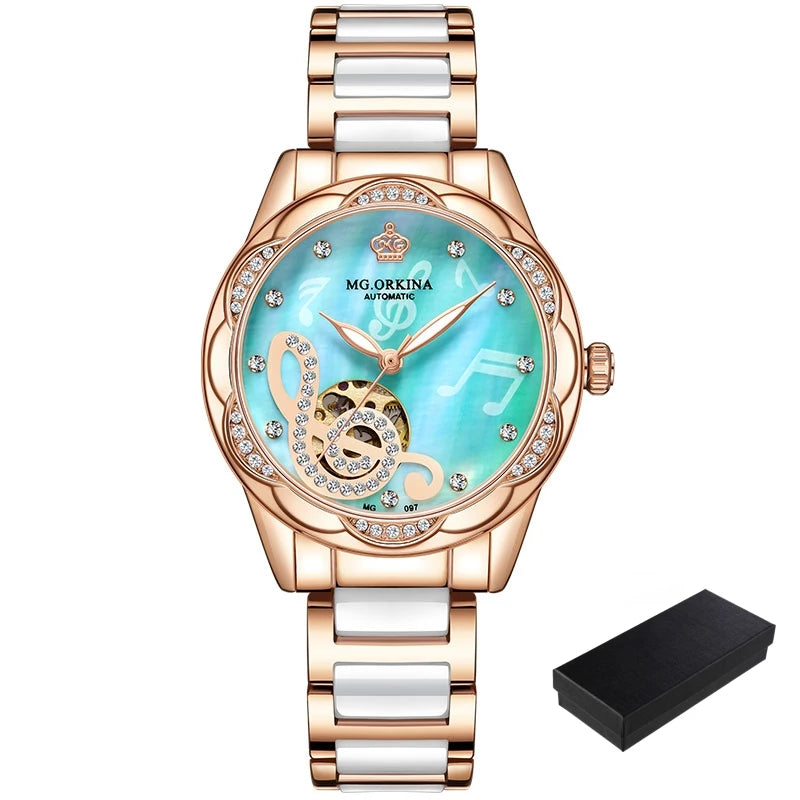 2025 New Designer Mechanical Watches Women Luxury Top Brand Ceramic Stainless Steel Diamond Music Ladies Automatic Wristwatches