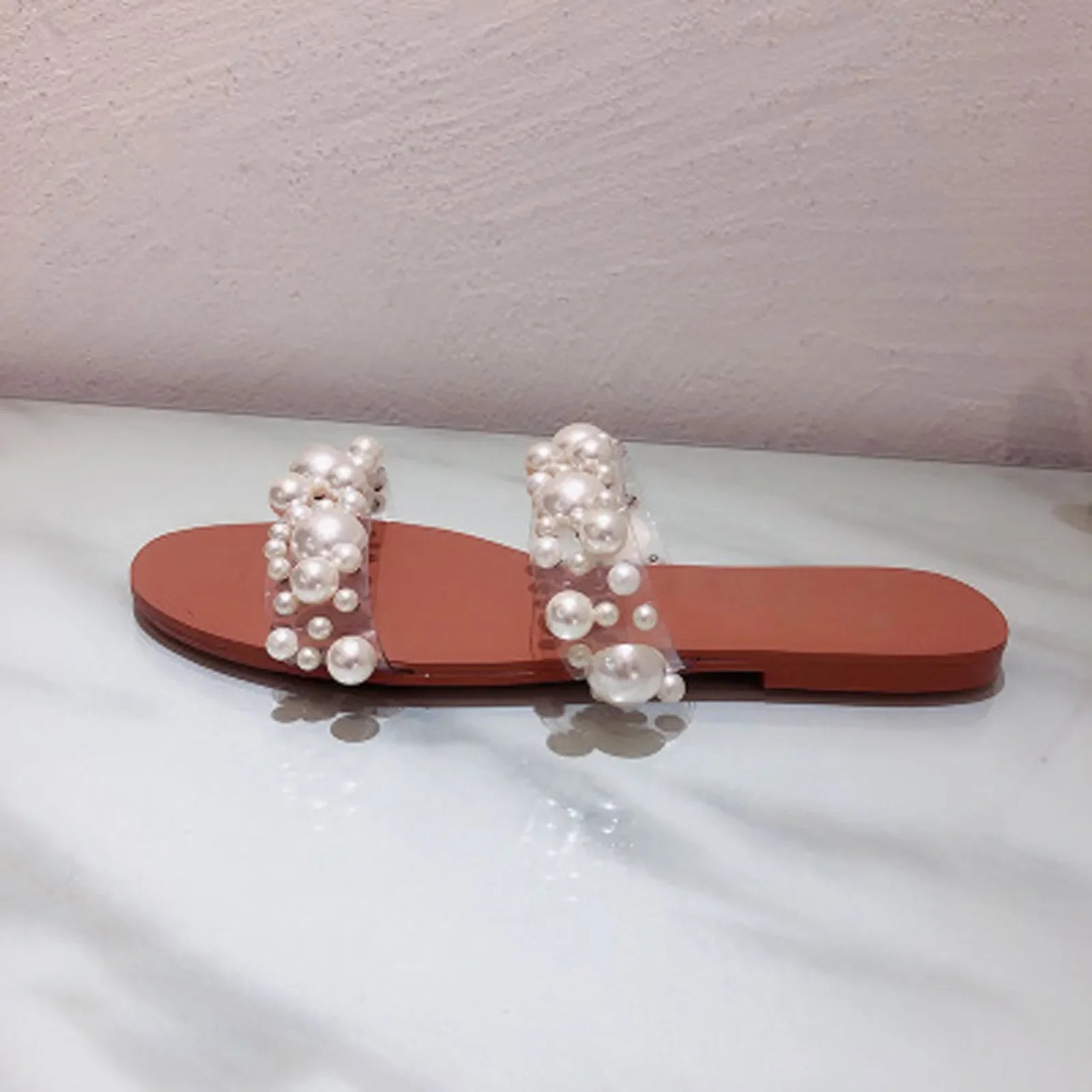 Bohemian Style Women's Pearl Open-Toe Flat Sandals Crystal Flip-Flops Summer New 2025 Transparent Flat Sandals