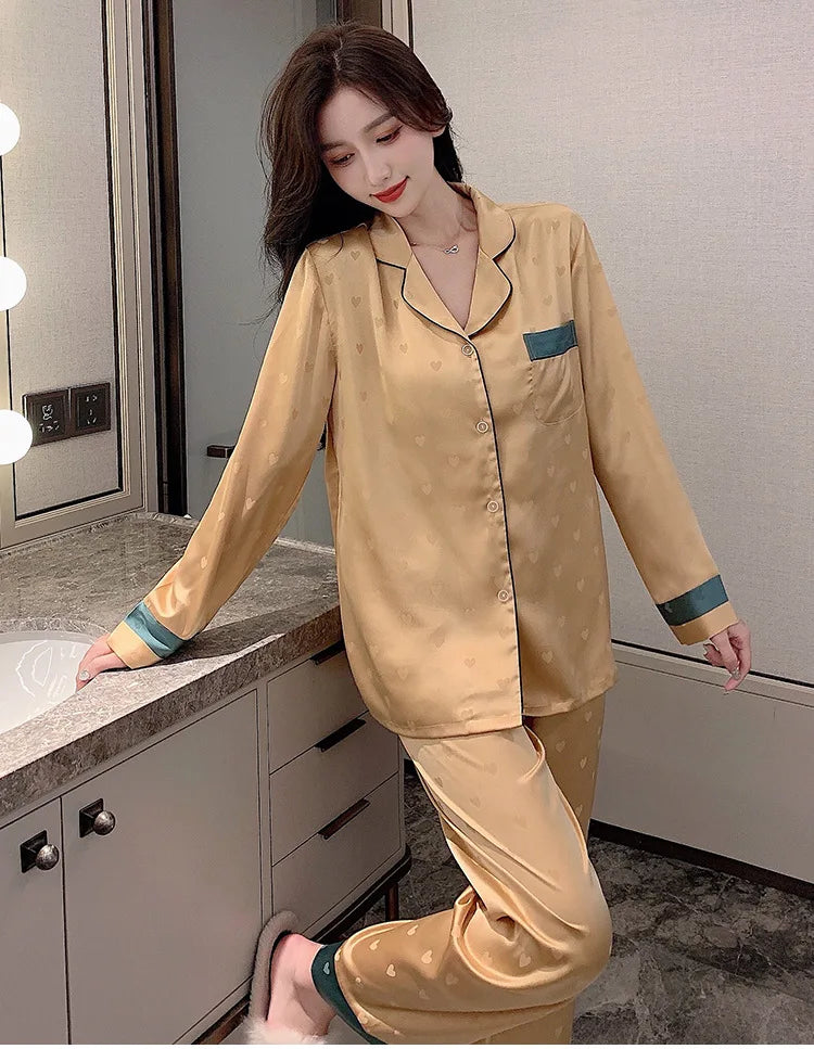 Top Autumn New Ice Silk Women Pajama Lapel Button Cardigan Outfits for Women 2 Piece Set Fashion Printing Set Clothes for Women