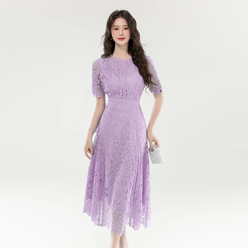 High Quality Lace Hollow Out Women Long Elegant Office Dress Summer French Chic Casual Vintage Purple Short Sleeve A-line Dress