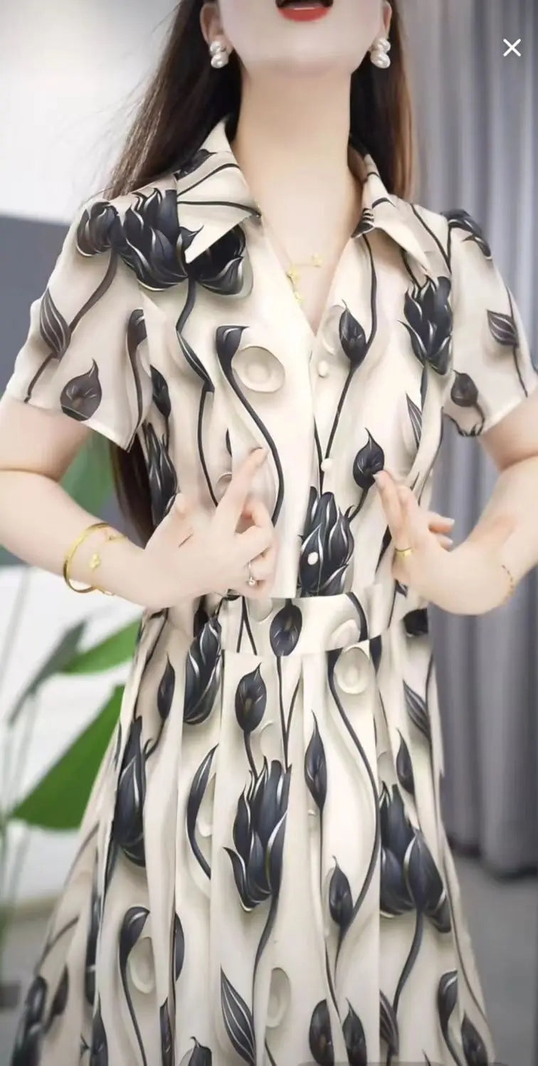 Women's Exquisite Printed Short Sleeved Dress 2024 Summer New Elegant And Beautiful Medium-length Shirt Skirt Mother's Outfit
