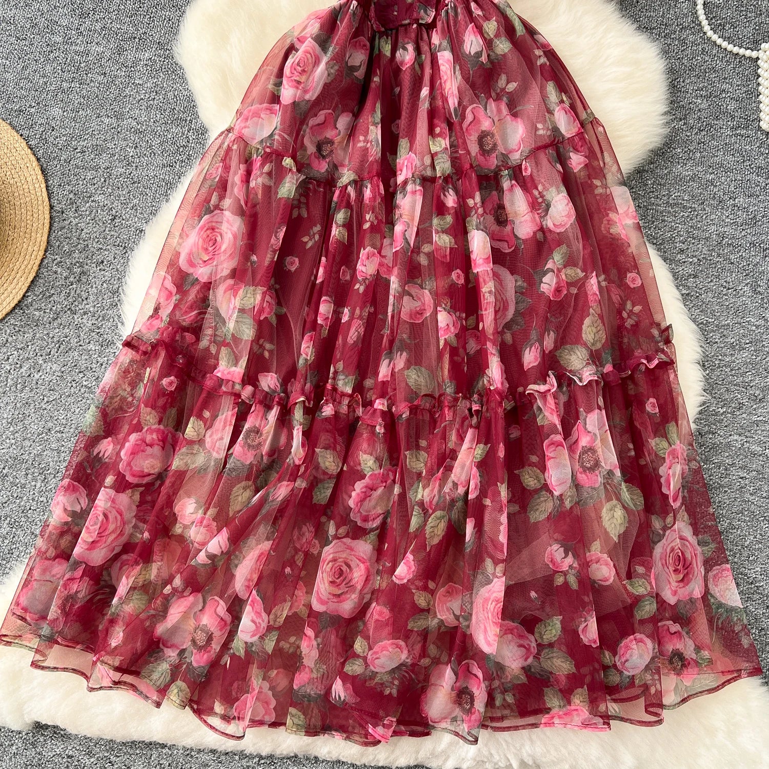 Retro Floral Chiffon Dr Women's Waist Cinched One oulder Bubble Sve Me Skirt Commute Korean Sle High Waist A-Line...