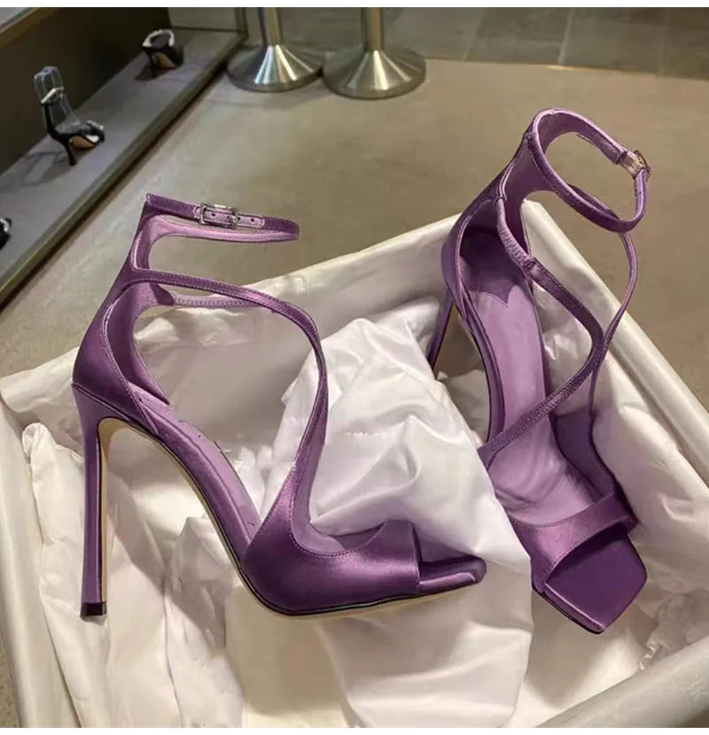 Fashion Patent Leather Peep toe Women Gladiator Sandals Sexy Narrow band Ankle Strap Gold Stiletto High heels Summer Party Shoes