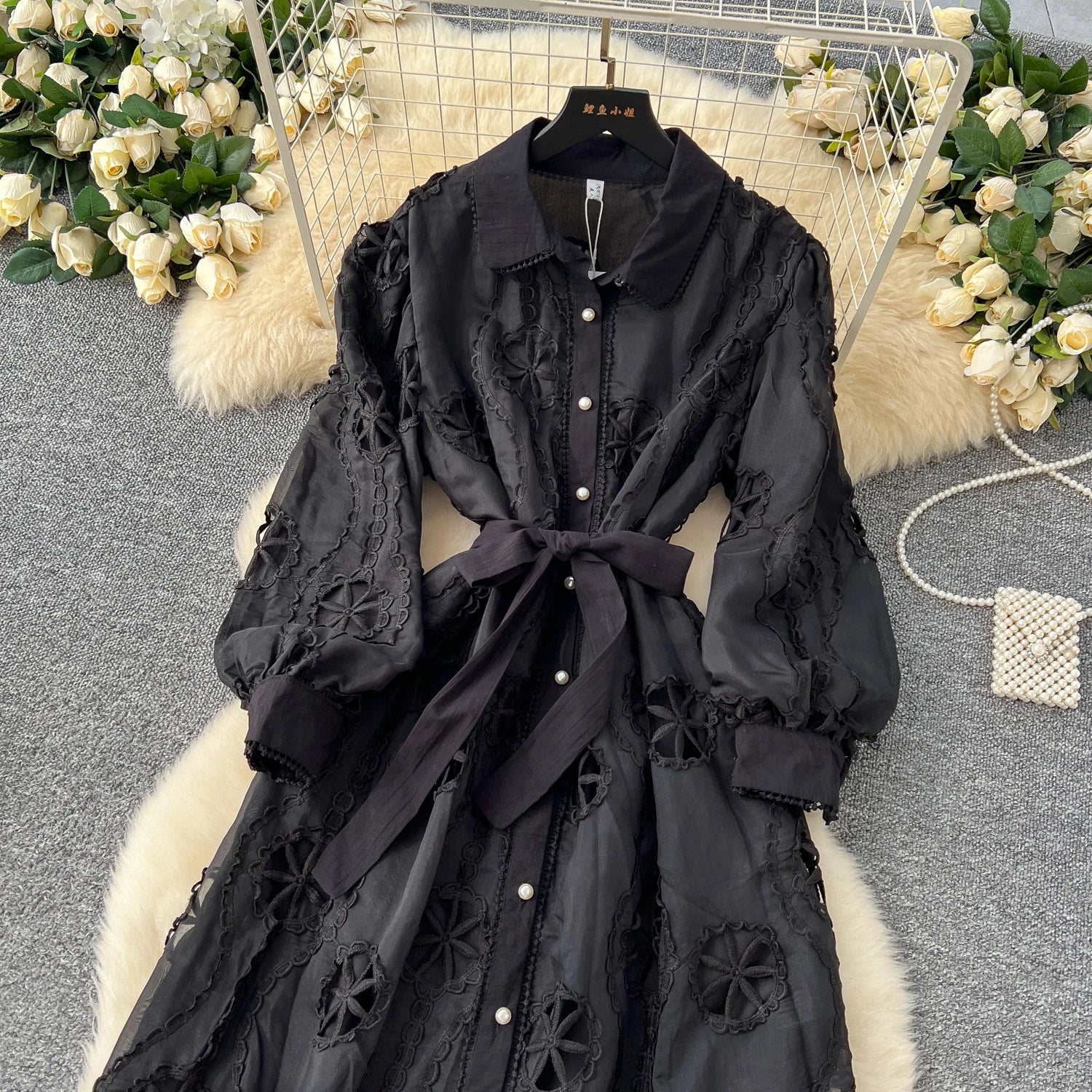 Elegant Embroidery Vintage Lantern Sleeves Lapel Single Breasted Chic Bandage Slim Long Dresses Women High Street Clothing