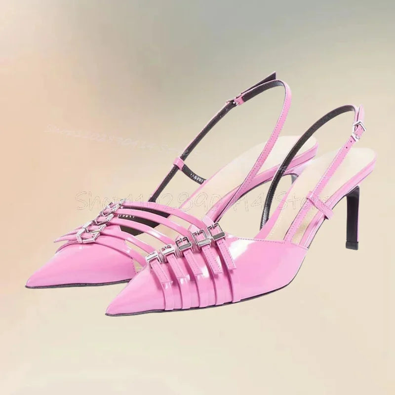 Pink Buckle Decor Hollow Cut Heel Pointed Toe Pumps Buckle Strap Women Shoes Thin High Heels Fashion 2025 Zapatos Para Mujere