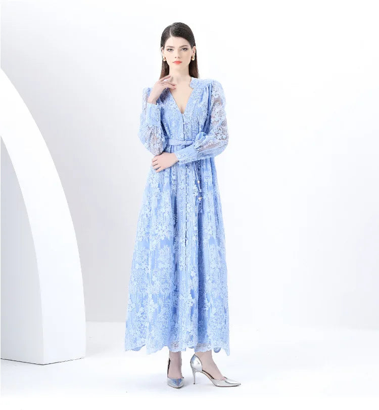 Luxury High-end Women Clothing Dress Spring Fitted Waist Embroidery V-neck Bell Sleeves Long Sleeves Single-breasted Long Dress