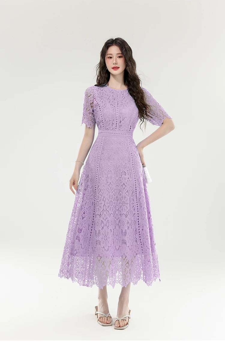High Quality Lace Hollow Out Women Long Elegant Office Dress Summer French Chic Casual Vintage Purple Short Sleeve A-line Dress