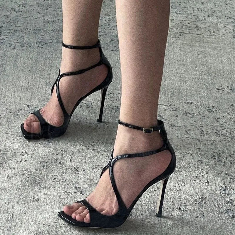 Fashion Patent Leather Peep toe Women Gladiator Sandals Sexy Narrow band Ankle Strap Gold Stiletto High heels Summer Party Shoes