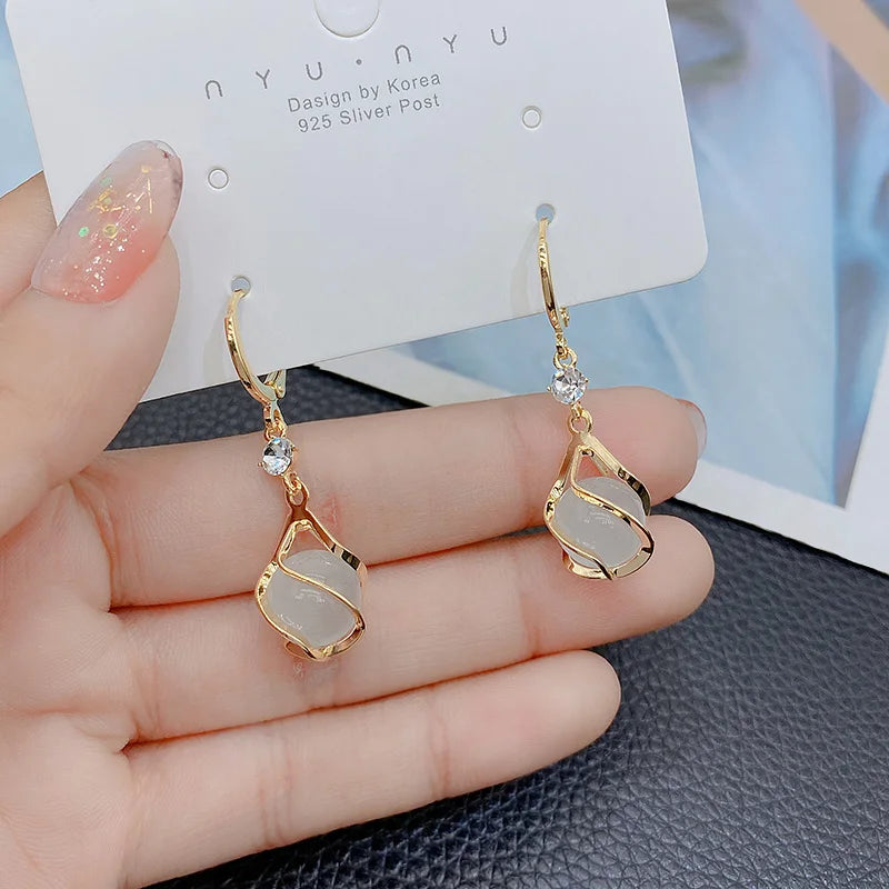 High Quality Crystal Zircon Round Opal Hollow Long Tassel Water Droplets Earrings New Women's Fashion Jewelry Romantic Girl Gift
