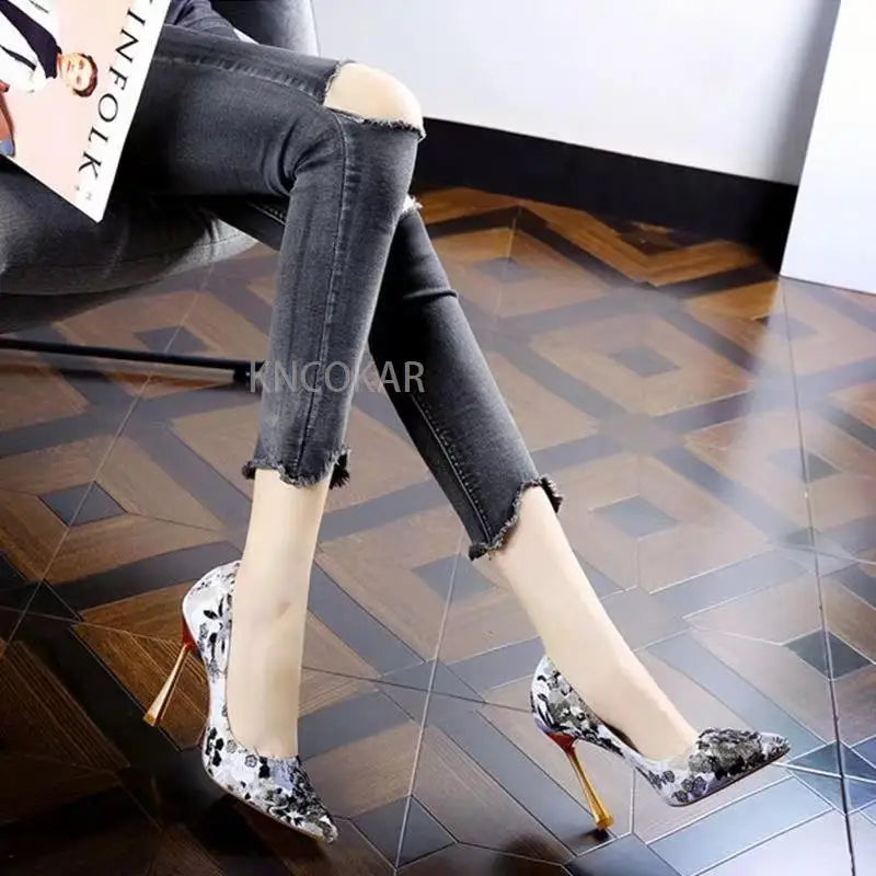 Fashion Printed Pointed Colored Mesh Red Gentle Shoes 2025 Spring Thin Heel Waterproof Platform Ultra High Heel Single Shoe