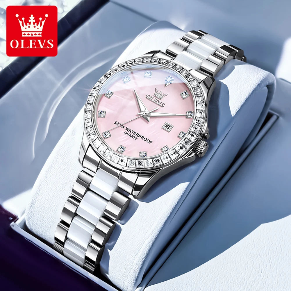 OLEVS New Luxury Ceramic Strap Quartz Watch Women Elegant Diamond Bezel Ladies Wristwatch Waterproof Date Watches Womens Reloj