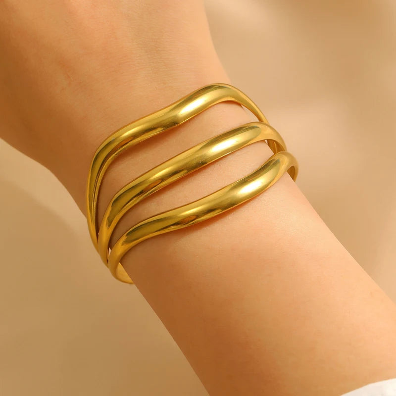 Stainless Steel Multi-Layer Wave Open Bracelet Rings Set for Women Simple Metal Twisted Lines Hand Chain Fashion Banquet Jewelry