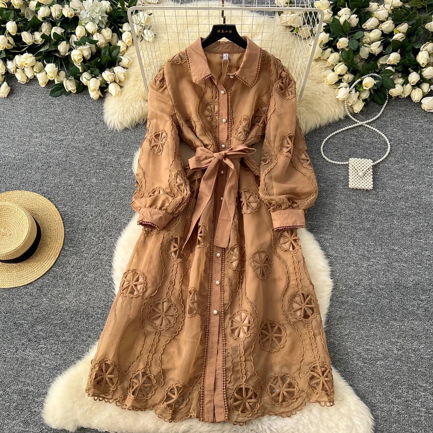 Elegant Embroidery Vintage Lantern Sleeves Lapel Single Breasted Chic Bandage Slim Long Dresses Women High Street Clothing