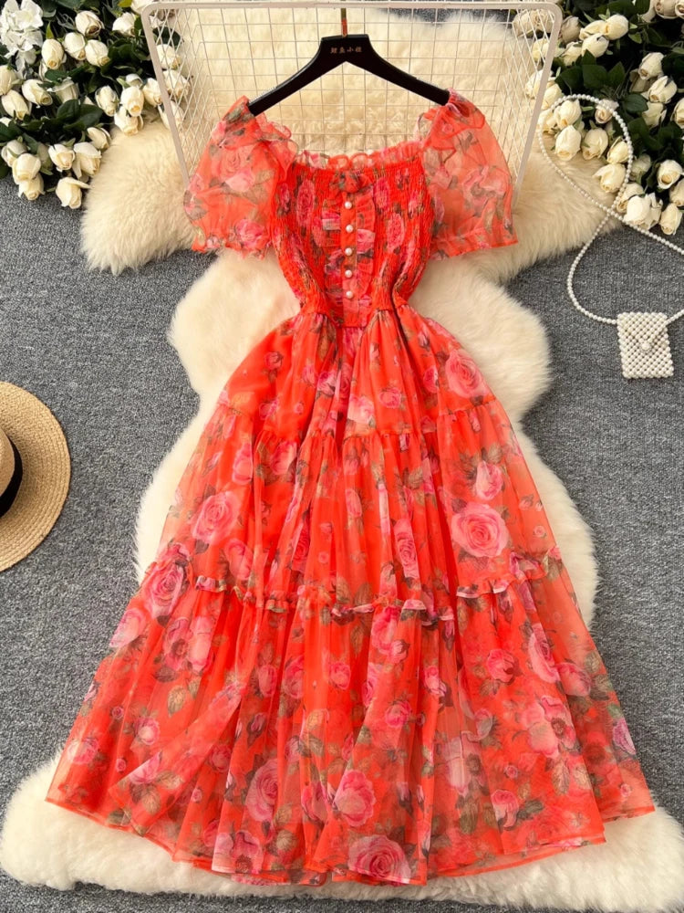 French Sweet Long Dresses Flower Print Slash Neck Puff Sleeve Pleated Patchwork Dress Summer Fashion Elegant Women Clothing 2025