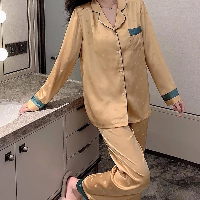 Top Autumn New Ice Silk Women Pajama Lapel Button Cardigan Outfits for Women 2 Piece Set Fashion Printing Set Clothes for Women