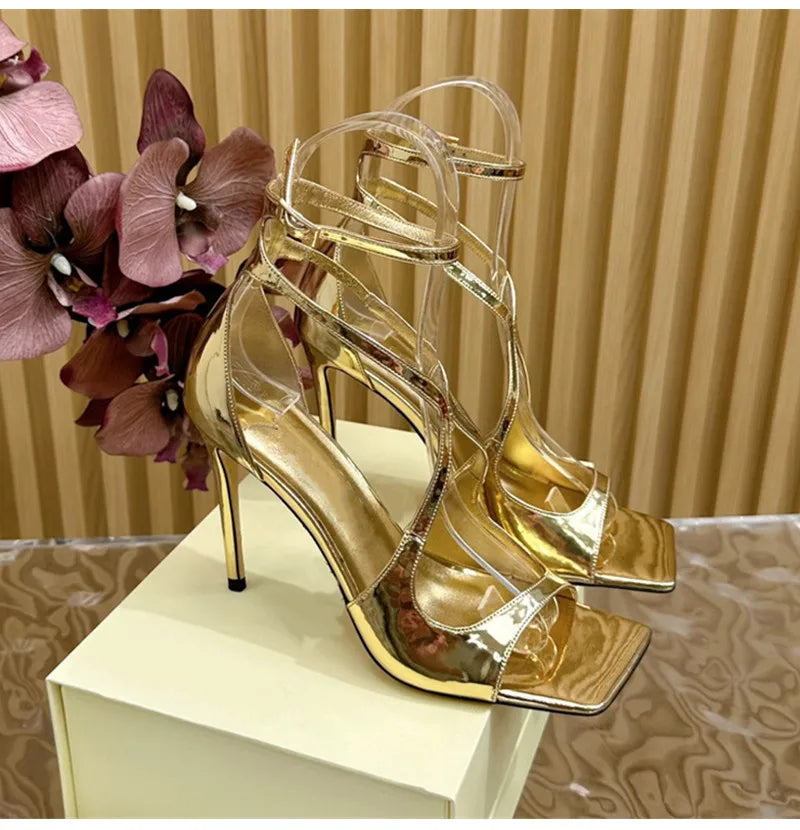 Fashion Patent Leather Peep toe Women Gladiator Sandals Sexy Narrow band Ankle Strap Gold Stiletto High heels Summer Party Shoes