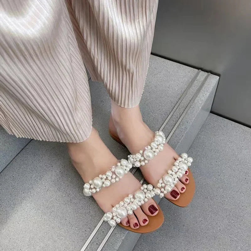 Bohemian Style Women's Pearl Open-Toe Flat Sandals Crystal Flip-Flops Summer New 2025 Transparent Flat Sandals