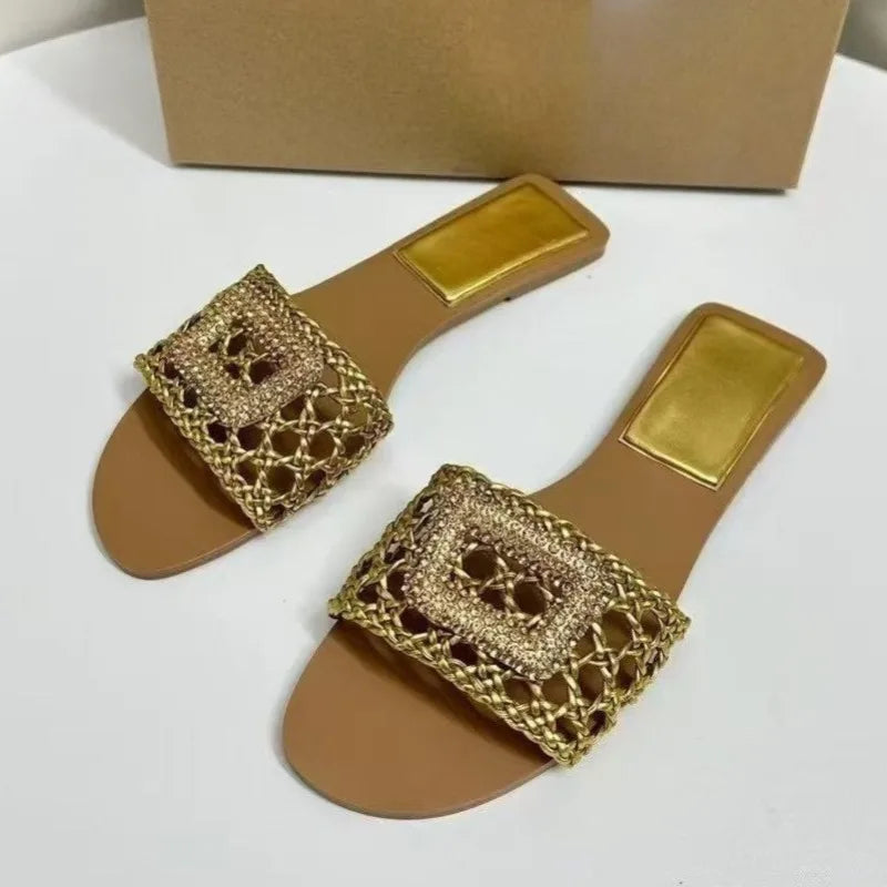 Summer High Quality Gold Woven Flat Sandals for Women Causal Daily Beach Footwear Outdoor Brand Travel Ladies Walking Shoes