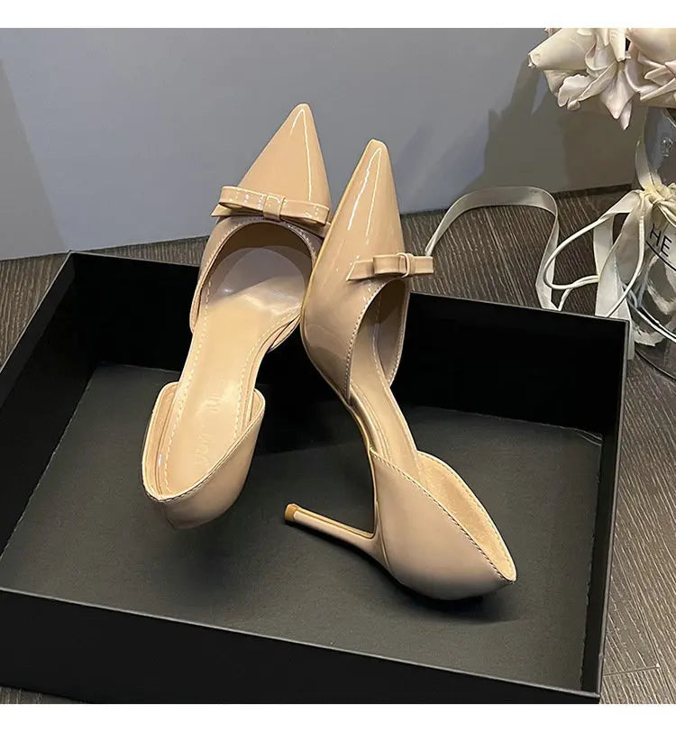 New Autumn Patent Leather Nude High Heels Thin Heel Pointed Bow Korean Version Summer Senior Feeling Hollow Female Pumps
