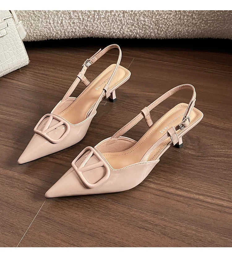 2025 Summer New 41-42 Large Size French Sandals Women's V Buckle Pointed Stilettos, Rear Empty Skirt High Heels