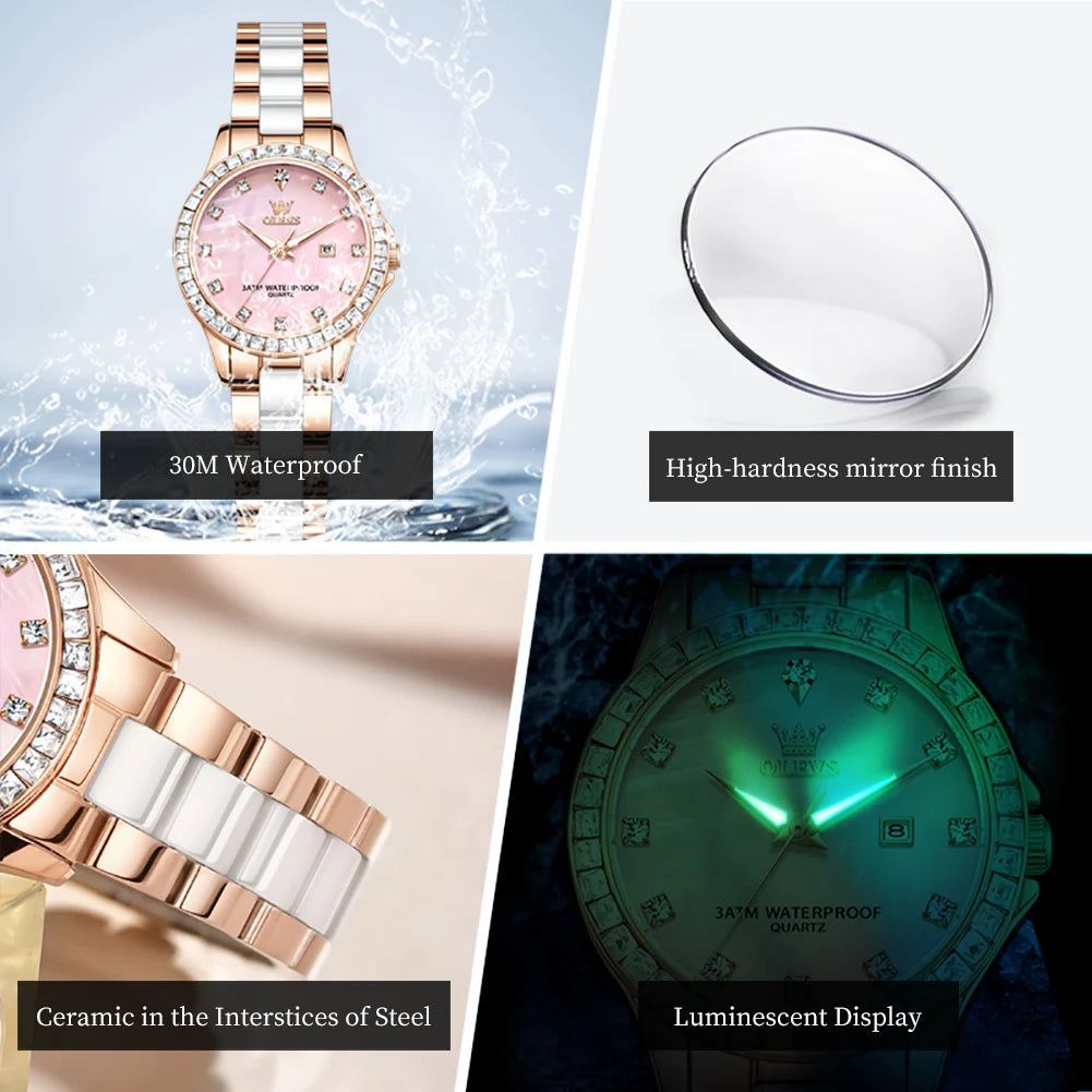 OLEVS New Luxury Ceramic Strap Quartz Watch Women Elegant Diamond Bezel Ladies Wristwatch Waterproof Date Watches Womens Reloj