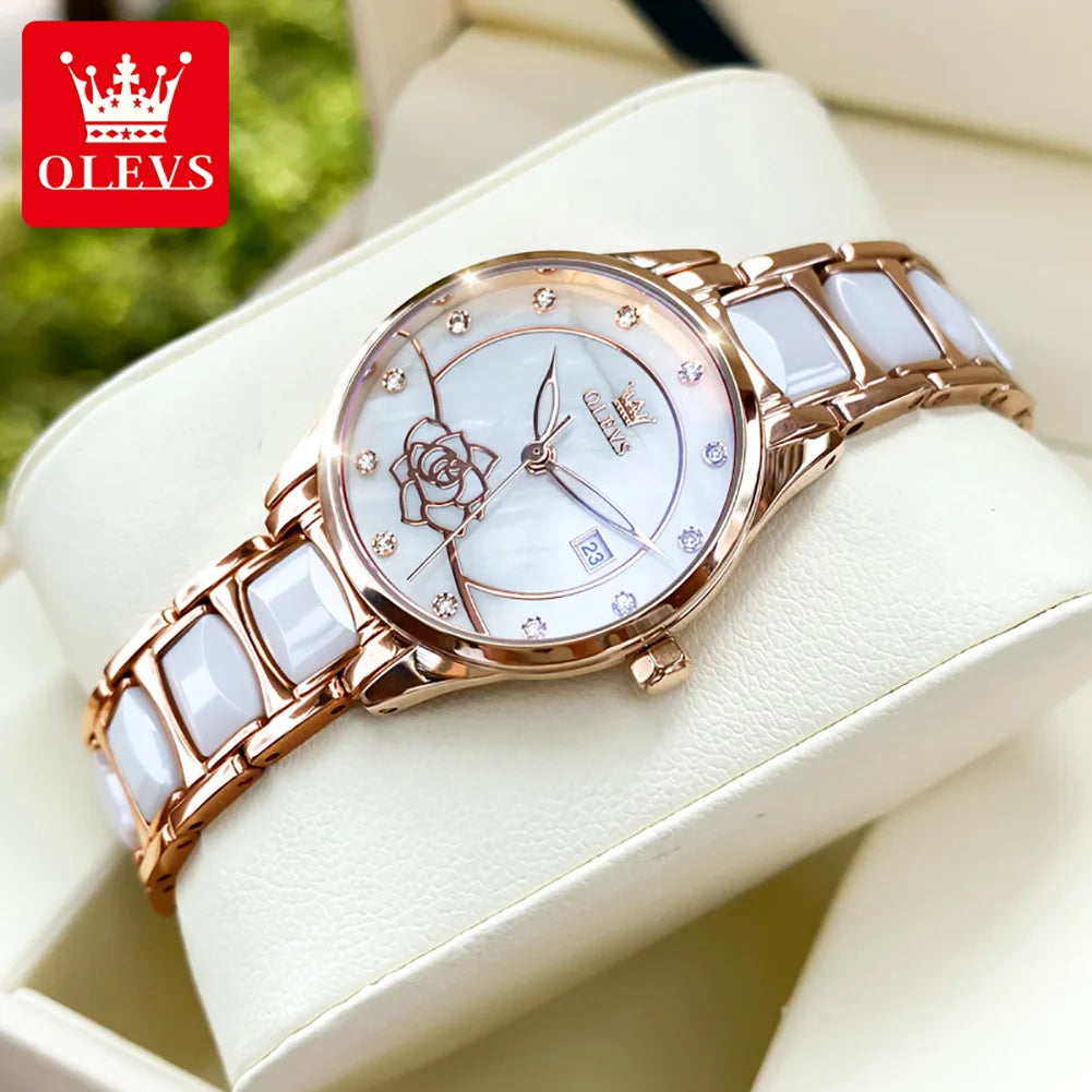 OLEVS 3606 Luxury Women Watch Camellia Quartz Japan Movement 30M Waterproof Watch For Women Ceramics Women Mechanical Watch