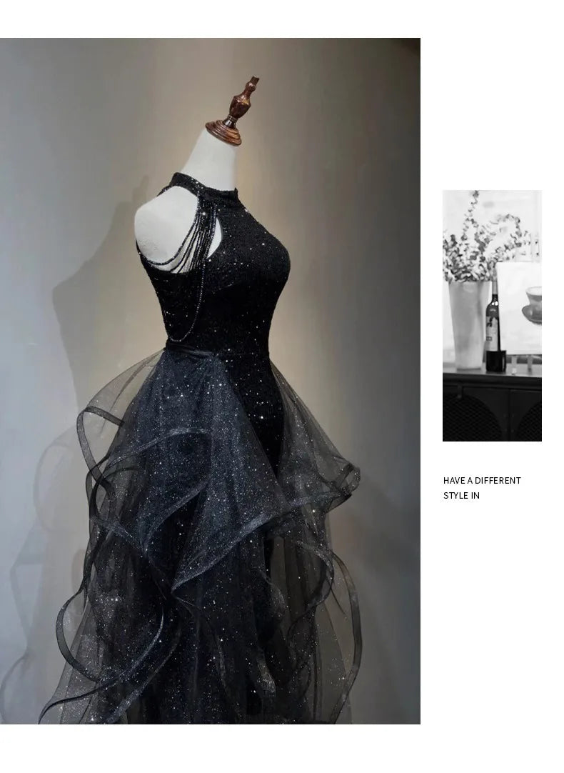 Black Sequined Evening Dress, High-end Light Luxury Hanging Neck Dress, High-end Feeling, Annual Meeting Art Exam for Women