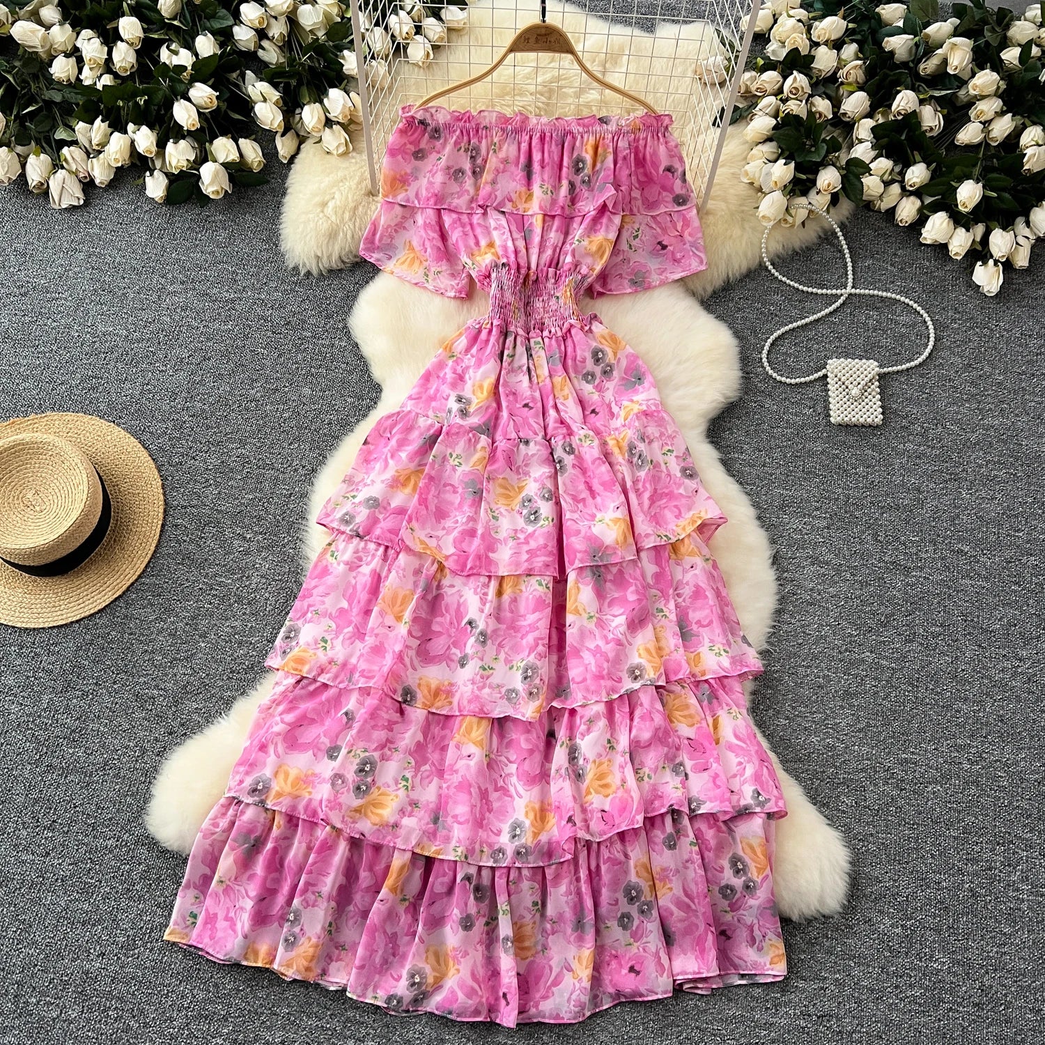 French Vintage Off Shoulder Short Sleeve Ruffle Tiered Long Dresses Chic Casual Beach Vacation Women Summer Chiffon Clothing