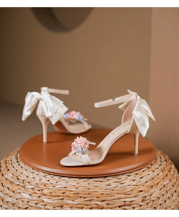 Summer Fashion Shoes Woman Pumps Open Toe Satin Flower Bow Buckle High Heels Ladies Sandals Women's Dress Wedding Party Shoes