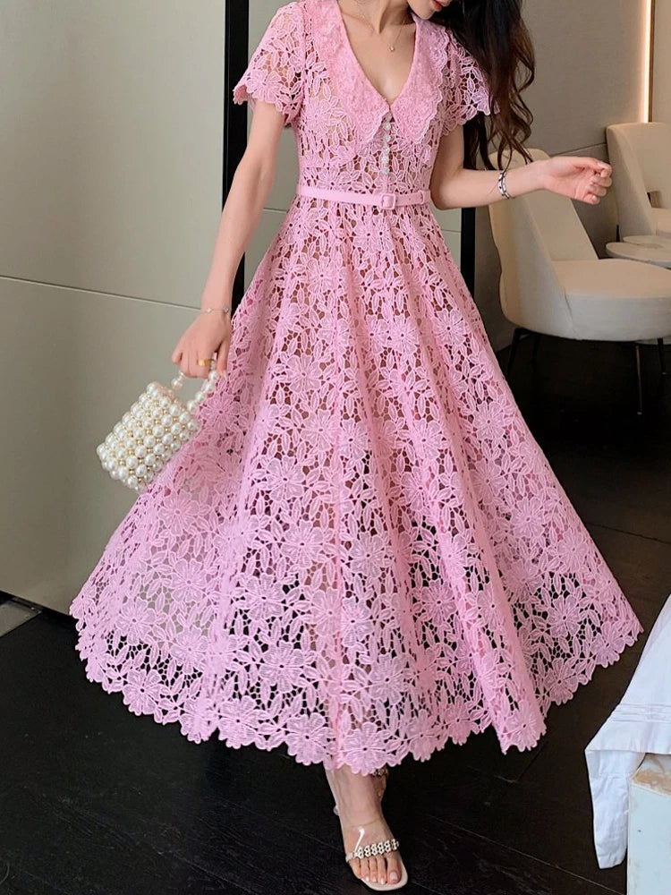 Luxury Pink Lace Midi dress with belt Women's 2025 Summer Elegant V-neck Rhinestone buttons Dresses Party clothing INKEO 4D094