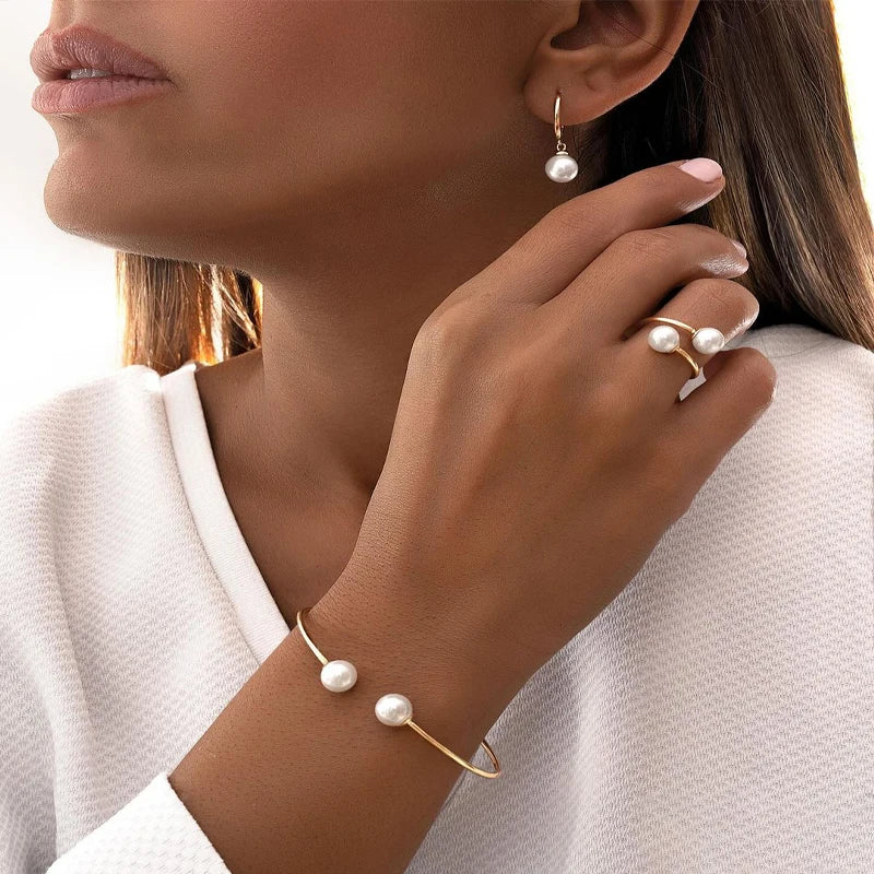 4Pcs/Set Simple Pearl Earrings Ring Bangle for Women Vintage Exquisite Gold Color Jewelry Set Female Wedding Party Jewelry Gifts