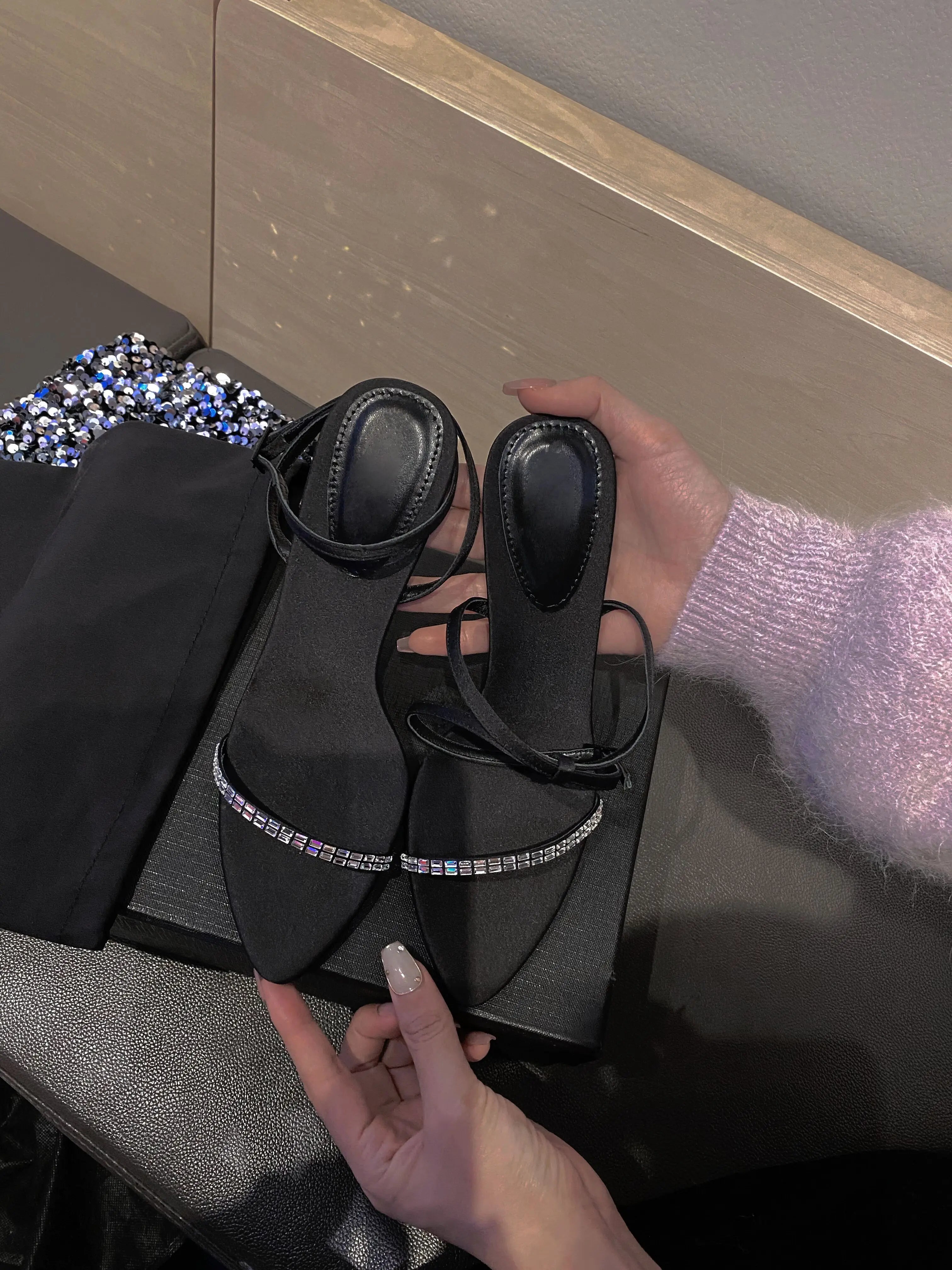 2025 Summer New Line With Rhine-Diamond Sexy Sandals Women'S Pointed Open Toe Slim Heel Beautiful Black High Heels