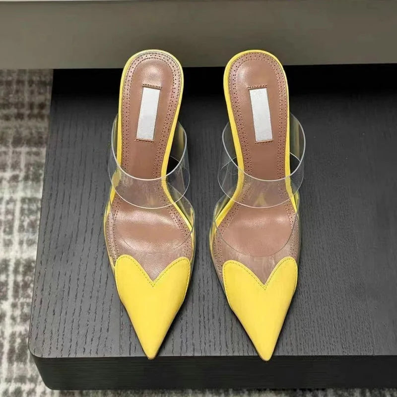 2025 Colorful Heart-Shaped Transparent Sexy Patchwork Color Sandals Women'S Half-Toe Pointed Toe Slippers 6cm/8cm/10cm