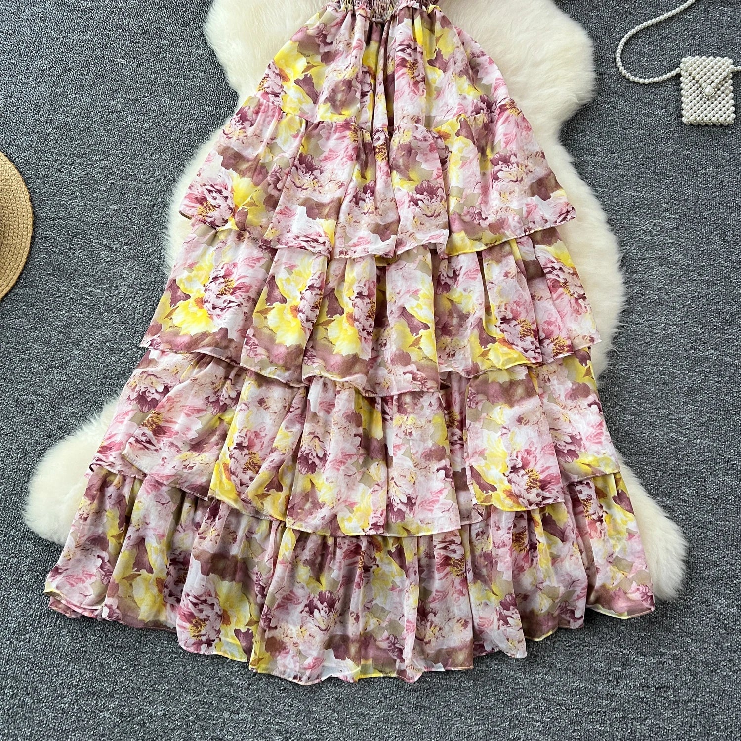 French Vintage Off Shoulder Short Sleeve Ruffle Tiered Long Dresses Chic Casual Beach Vacation Women Summer Chiffon Clothing