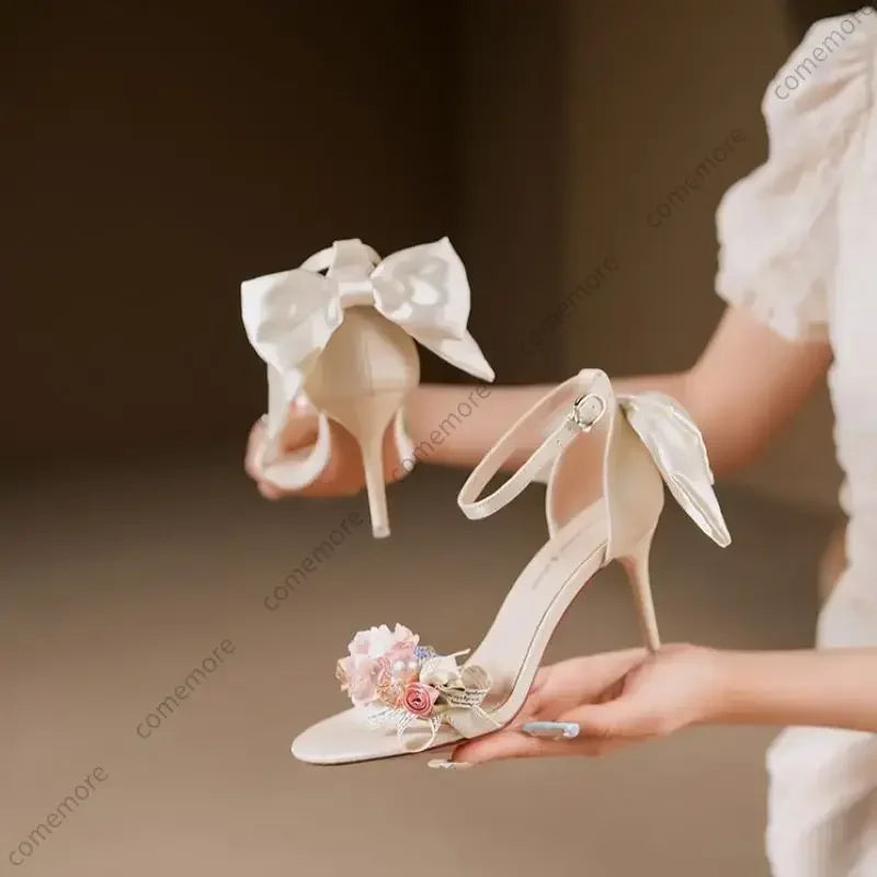Summer Fashion Shoes Woman Pumps Open Toe Satin Flower Bow Buckle High Heels Ladies Sandals Women's Dress Wedding Party Shoes