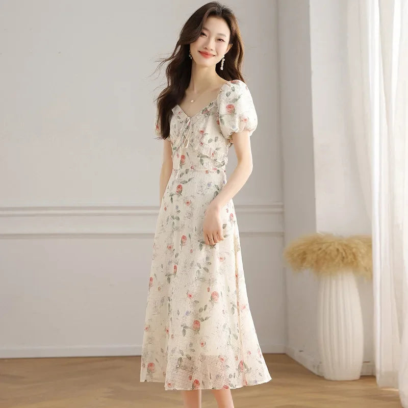 Elegant Summer Dress with Bubble Sleeves And Bellflower Pattern Slimming Empire Waist Knee-Length Polyester Fiber Short Sleeve