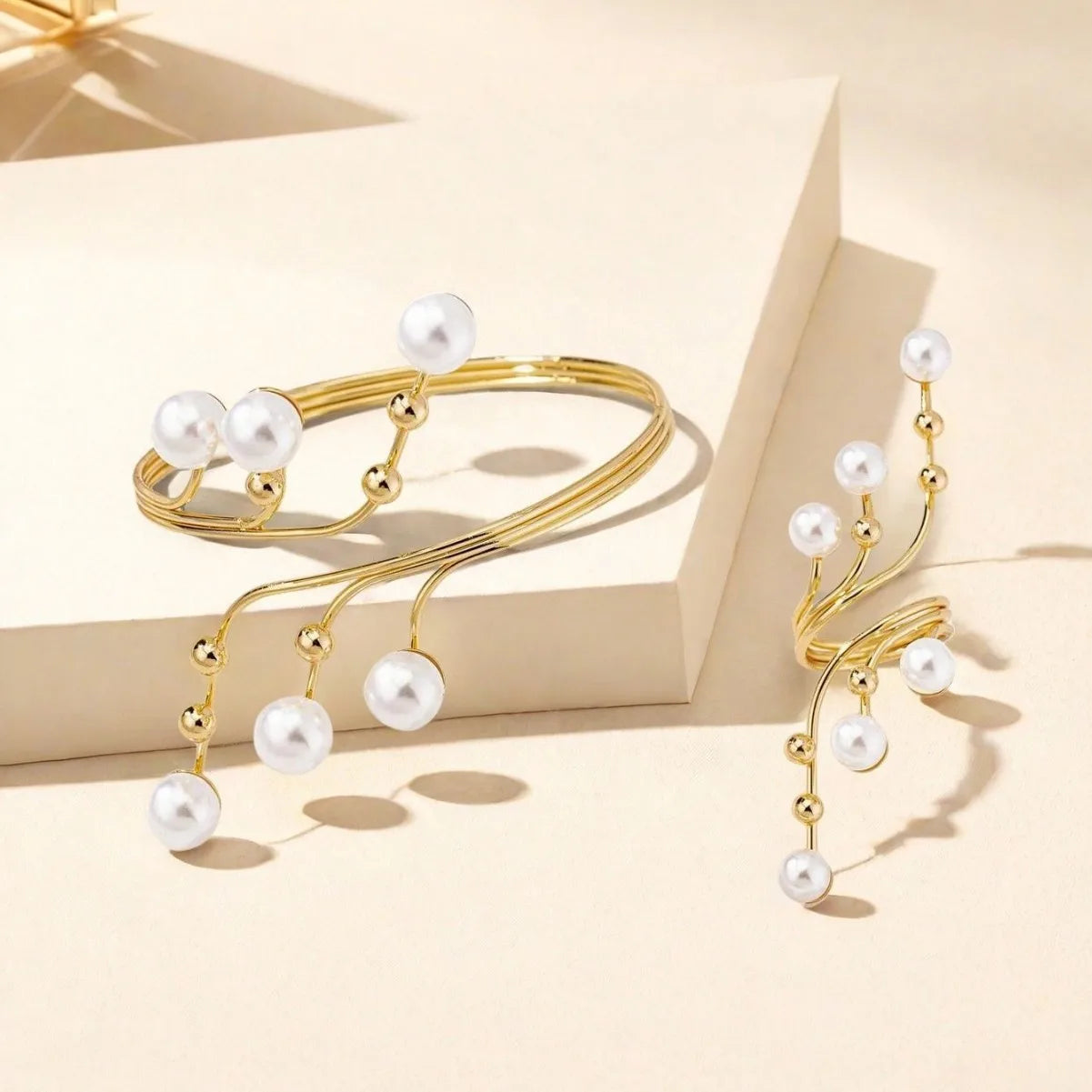 Simple Geometric Imitation Pearl Winding Line Ring Bracelet Set For Women Girls Exaggerated Personality Fashion Jewelry