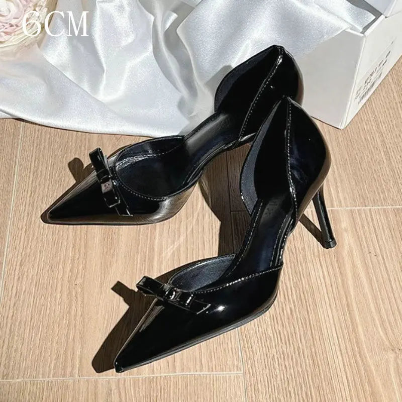 New Autumn Patent Leather Nude High Heels Thin Heel Pointed Bow Korean Version Summer Senior Feeling Hollow Female Pumps