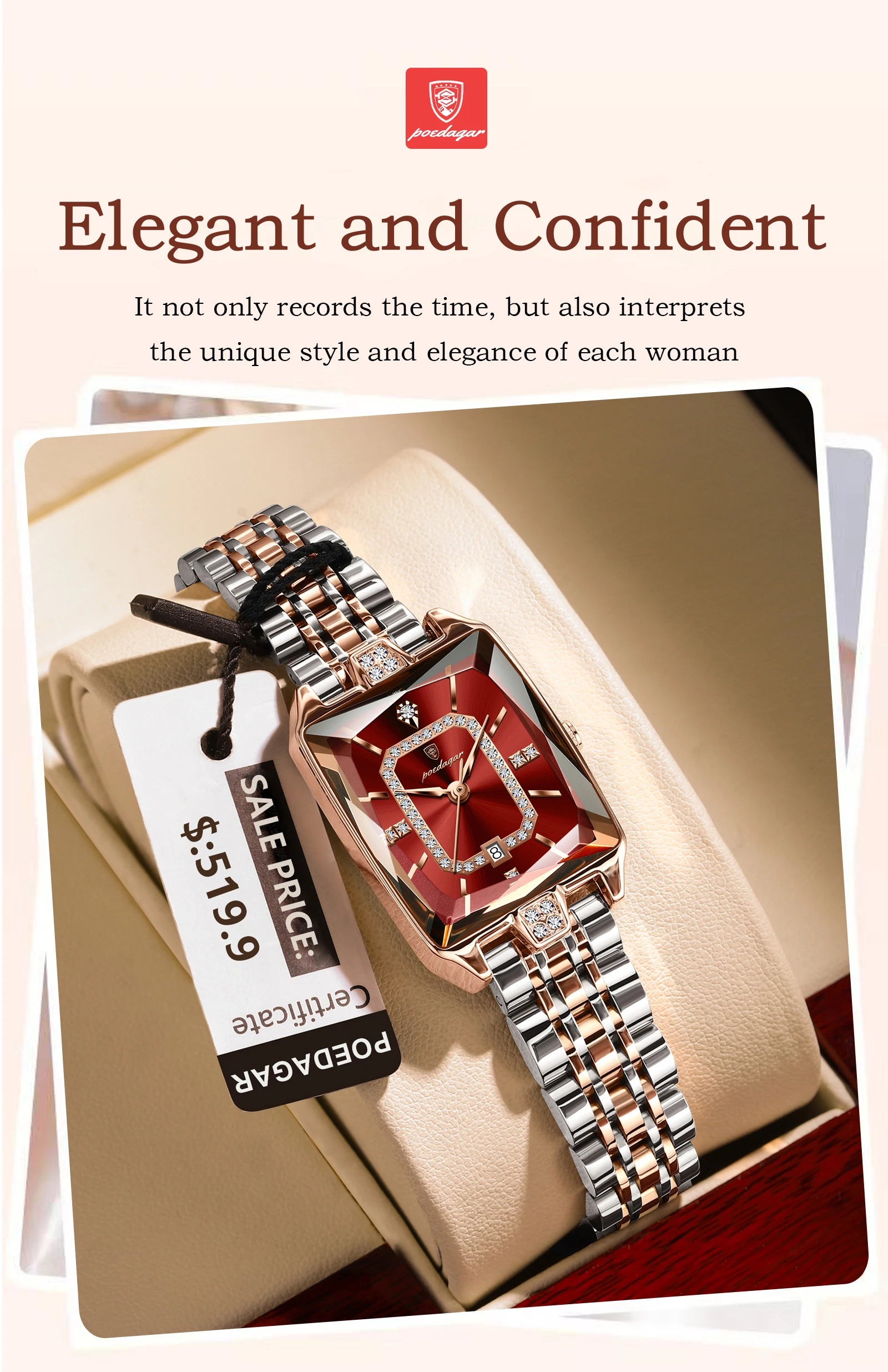 POEDAGAR Luxury Watch For Woman Elegant Waterproof Calendar Ladies Watch Rectangle Stainless Steel Quartz Women's Watches Female