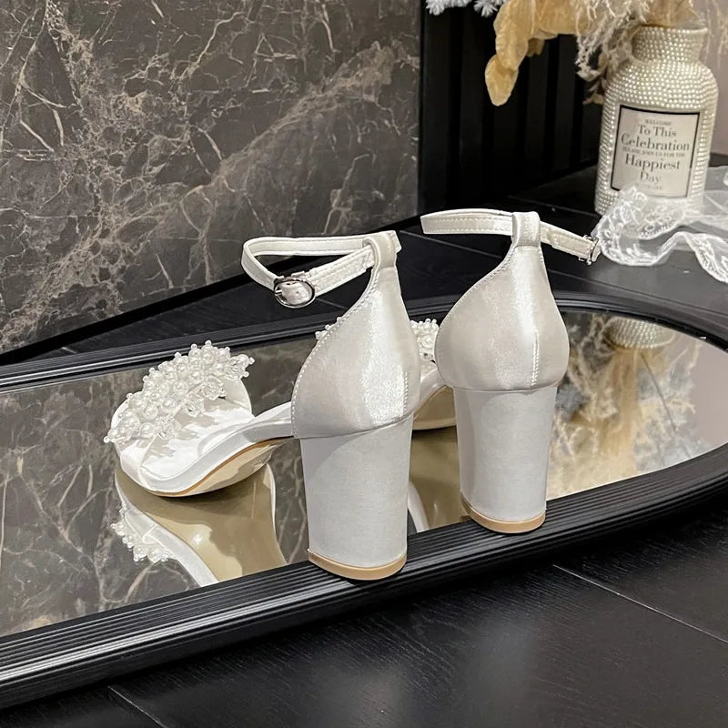 2025 New Style Thick Heel Line With Round Head Large Size Sandals Pearl Buckle High Heel White Bridal Wedding Shoes For Female