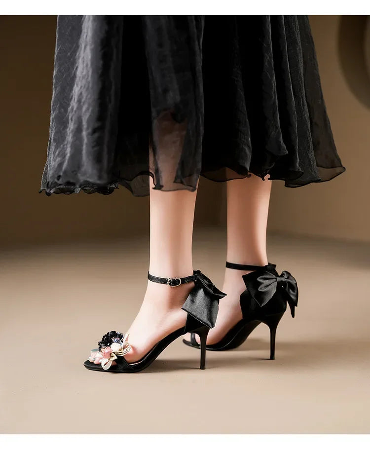 Summer Fashion Shoes Woman Pumps Open Toe Satin Flower Bow Buckle High Heels Ladies Sandals Women's Dress Wedding Party Shoes