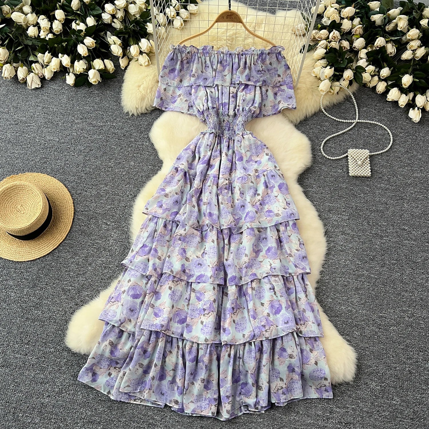 French Vintage Off Shoulder Short Sleeve Ruffle Tiered Long Dresses Chic Casual Beach Vacation Women Summer Chiffon Clothing
