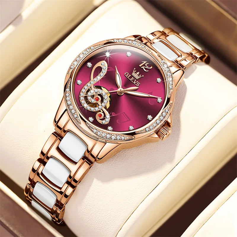 OLEVS Ceramic Diamond Women Watches Luxury Brand Musical Note Automatic Mechanical Watch Women Relogio Feminino Gift
