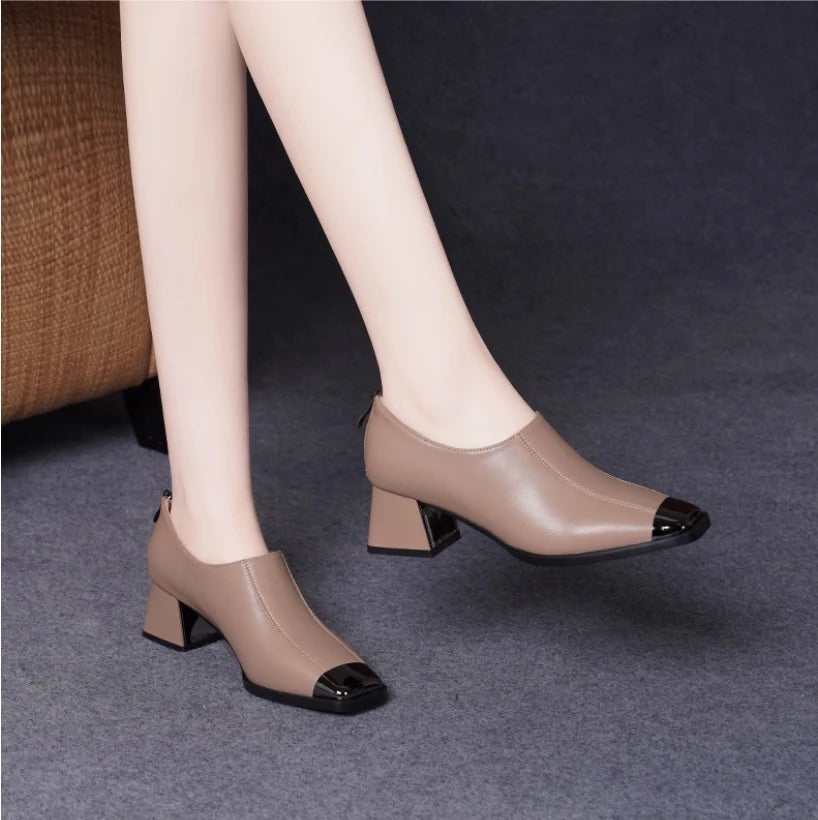 Deep mouth single shoe women's thick heel genuine leather middle heel women's soft leather soft sole square toe leather shoes