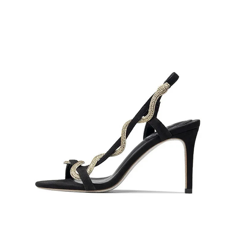 2025 Female New Serpentine Line With Fine Heel French Sandals Female Summer Drill Side Empty Sexy Open-Toed High Heels