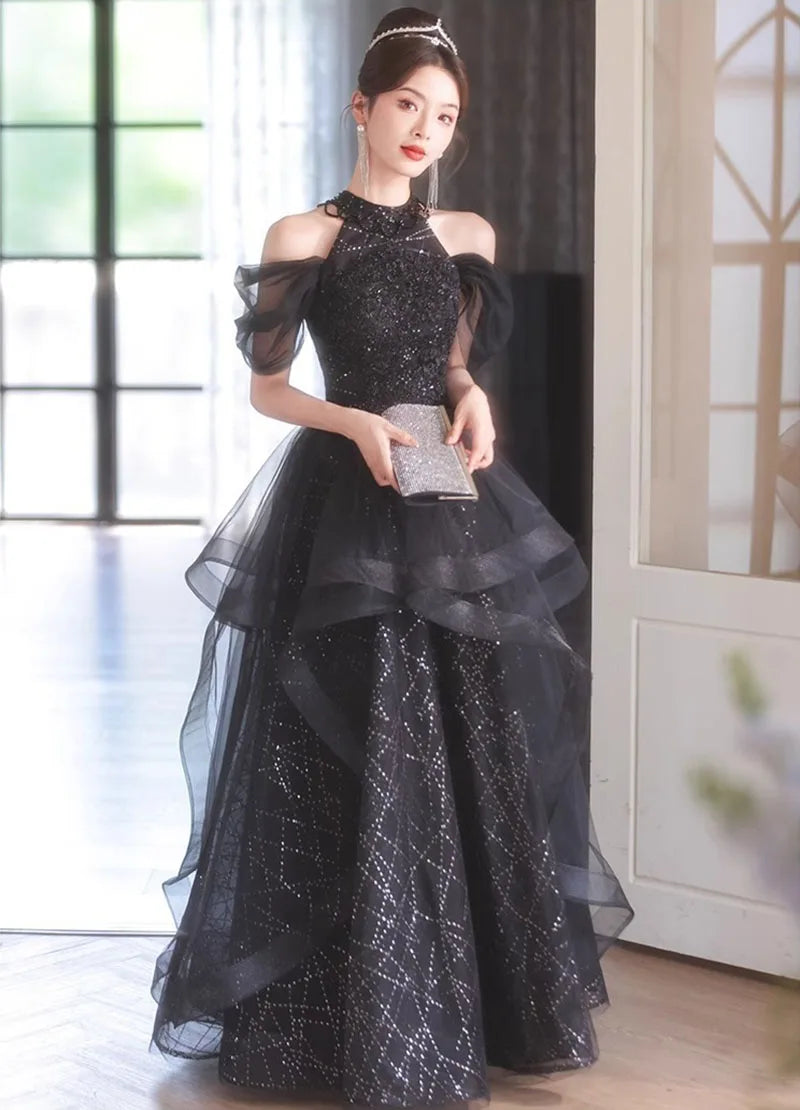 Evening Dresses Luxury 2026 Black Halter Evening Dress Corset Bodice Sequin Tulle Puffy Gown For Gala & Quinceanera