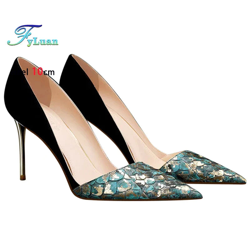Black Green Leather Splicing High Heels 10cm Women Shoes Thin Heels Suede Pointed Head Ladies Pumps Shallow Stiletto Party Shoes